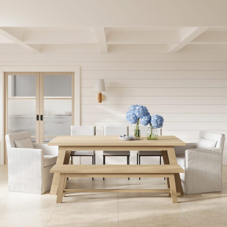 a clean neutral styled dining room