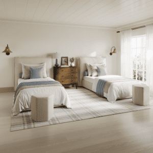 Harbour stool styled in a crisp neutral bedroom