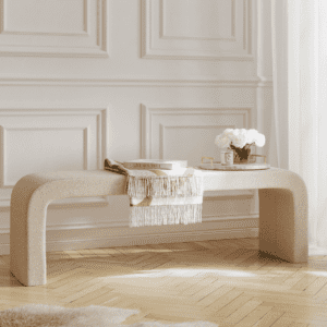 Ren buff bench styled with vase and throw