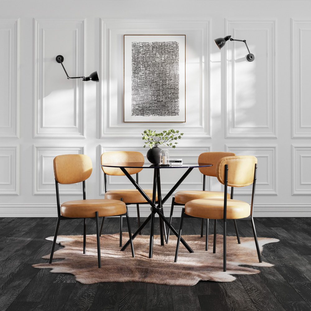 Caramel coloured dining chairs around a table