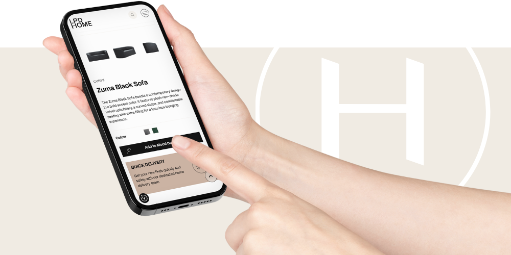 LPD Home furniture Mood board page displayed on an iPhone screen